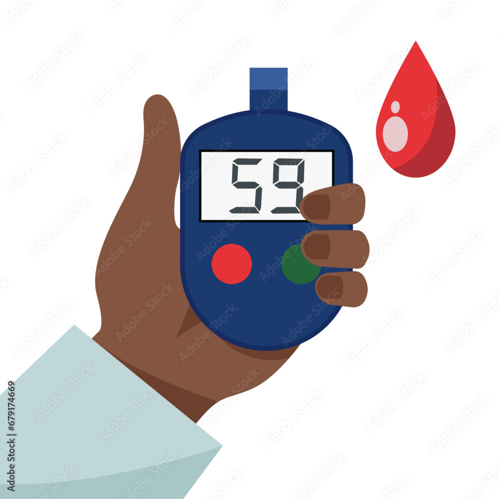 Fototapeta premium Illustration of a blood glucose test for diabetes. Flat illustration of a glucometer for checking blood sugar levels. World Diabetes Day. 14 November