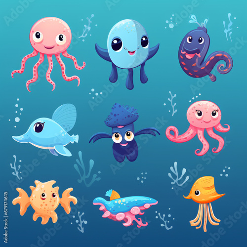 Set of sea animals underwater fish turtle jellyfish