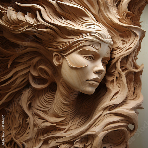 Fotografia con detalle y textura de artesania sobre madera con forma de rostro femenino