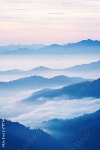 Beautiful landscape of mountains in foggy morning. Beauty in nature.