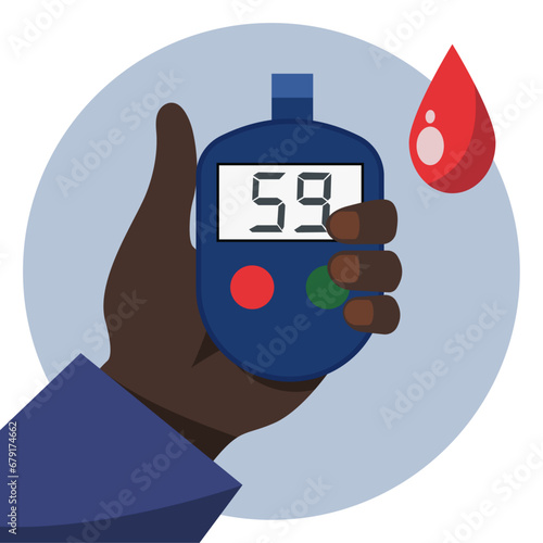 Illustration of a blood glucose test for diabetes. Flat illustration of a glucometer for checking blood sugar levels. World Diabetes Day. 14 November