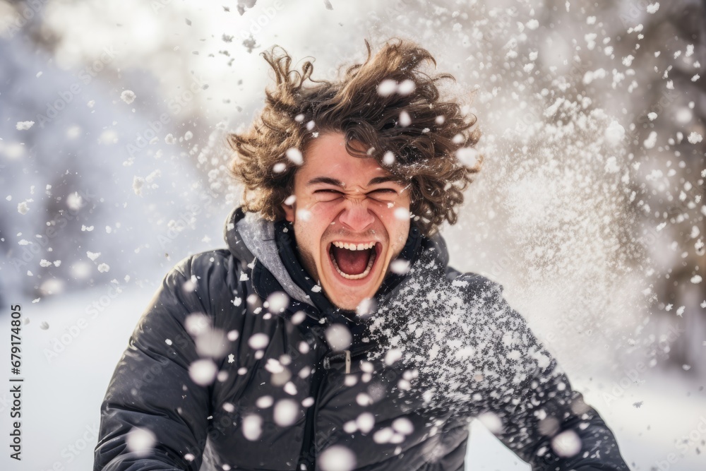 Festive Studio Snapshot of a Man with Spikey Hair Enjoying a Snowball Fight in a Winter Wonderland Setup Festive Studio Snapshot of a Man with Spikey Hair Enjoying a Snowball Fight in a Winter Wonderland Setup