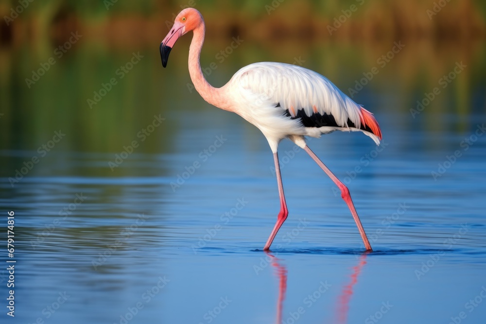 a flamingo standing on one leg in a shallow lagoon