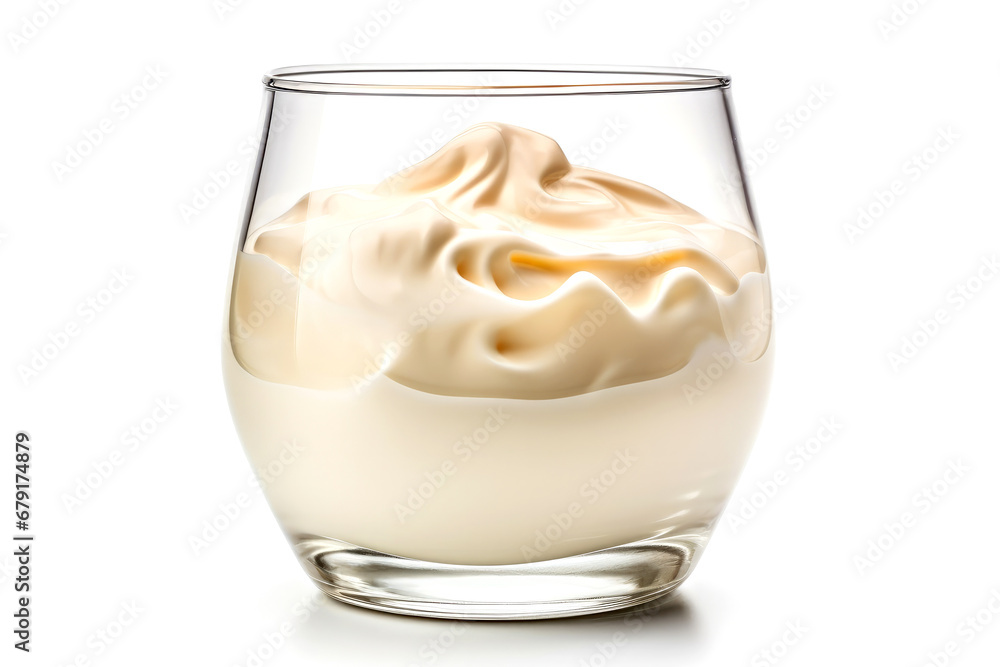 Delicious sour cream in glass cup on white background, closeup Delicious sour cream in glass cup on white background, closeup