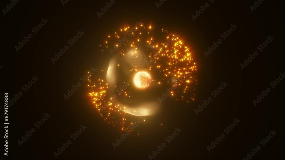 Abstract yellow orange energy glowing digital sphere atom made of iridescent energy from moving electric plasma liquid on black background Abstract yellow orange energy glowing digital sphere atom made of iridescent energy from moving electric plasma liquid on black background