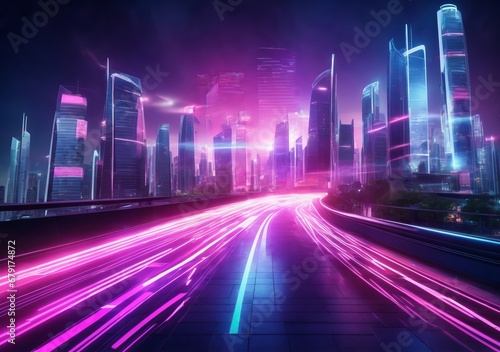 Speed light trails path through smart modern mega city © MdMasud