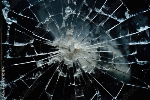 a close-up of a broken window with shattered glass