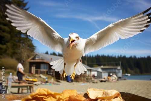a seagull swooping down to a chip from a beach picnic photo