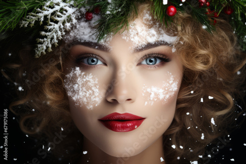 Portrait of beautiful young woman with crown of pine twigs and holly berries and snow decorating her face  strong make up  red lipstick