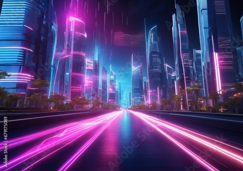 Speed light trails path through smart modern mega city photo