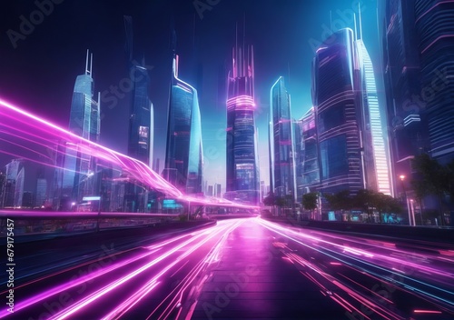 Speed light trails path through smart modern mega city photo