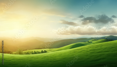 Green juicy field and sunset ,spring concept