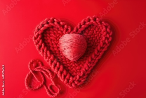 top view heart knitted  ribbon crafting valentine  red backdrop 
