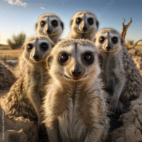 Fotografia de varias suricatas agrupadas, mirando al objetivo