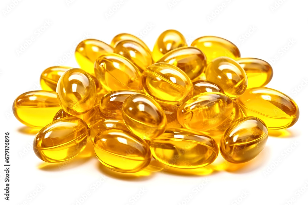 Cod liver oil omega 3 gel capsules isolated on white background cutout Cod liver oil omega 3 gel capsules isolated on white background cutout