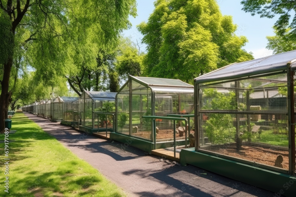outdoor enclosure of a bird park featuring several aviaries outdoor enclosure of a bird park featuring several aviaries