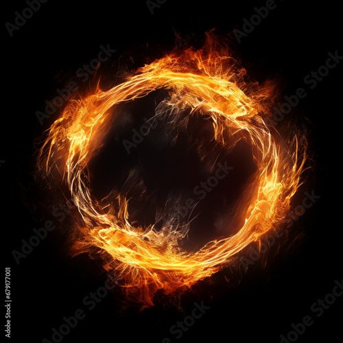 Fondo con detalle de circulo creado con llamas de tonos anaranjados, sobre fondo de color negro photo