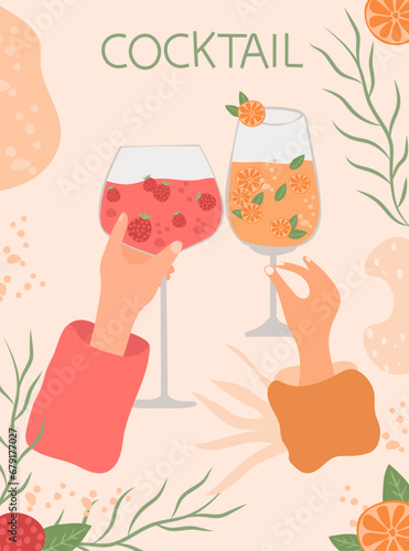 Banner with various cocktails. The collection includes classic alcoholic and non-alcoholic drinks in a variety of glasses suitable for menus and various celebrations.Vector.