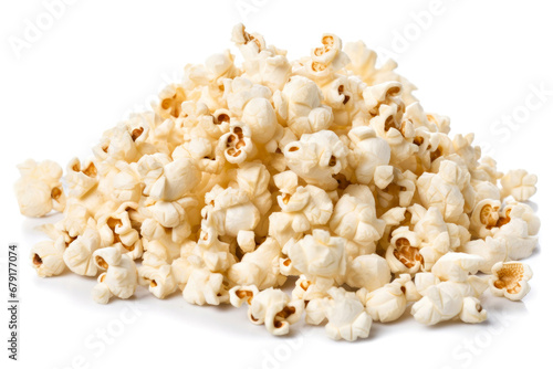 Popcorn isolated on white background closeup. Top view. Flat lay.