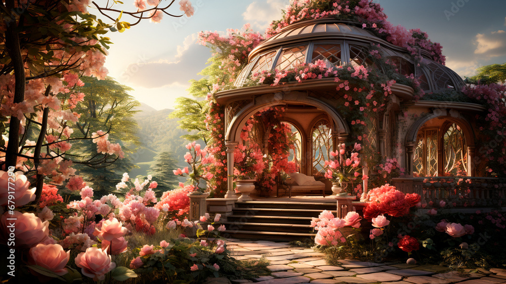fantasy garden with pink flowers