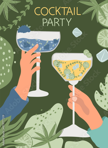 Variety of cocktails in flat style. This collection features a range of classic alcoholic and non-alcoholic beverages in multiple glass types, ideal for menu inclusion and diverse celebration themes