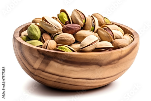 Pistachios in a wooden bowl isolated on white background.