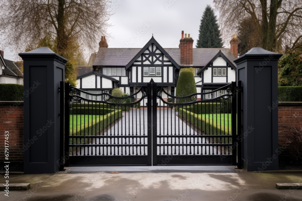 imposing black gate into a white tudor estate imposing black gate into a white tudor estate