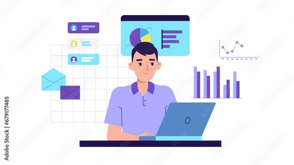 Young man character work at laptop 2d animation. Financial graphs and charts, business. Accounting, analysis, audit, research. infographics. Finance statistics. office worker, manager, clerk Young man character work at laptop 2d animation. Financial graphs and charts, business. Accounting, analysis, audit, research. infographics. Finance statistics. office worker, manager, clerk