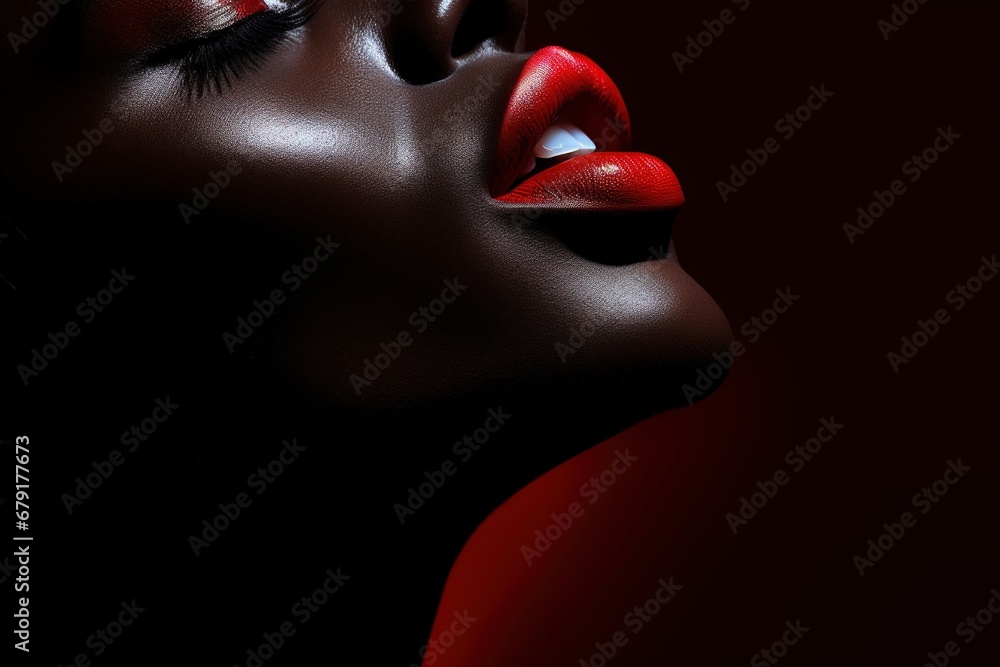 Face of a woman with very dark skin with red lips Face of a woman with very dark skin with red lips