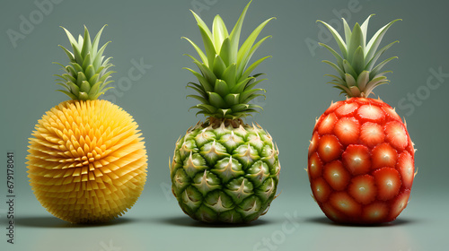 Creative Concept of Three Pineapples with Different Textured Skins on Teal Background