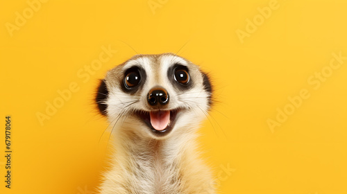 Happy Meerkat Portrait on Bright Yellow Background photo