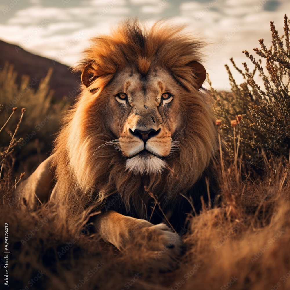 Fotografia con detalle de leon en pose tranquila, en su habitat natural