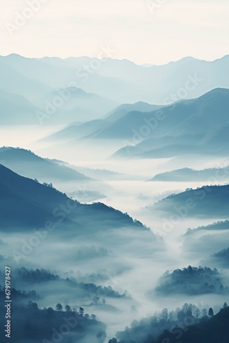 Beautiful landscape of mountains in foggy morning. Beauty in nature. © Rudsaphon