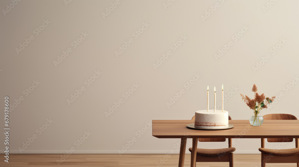 Birthday cake in minimalist Scandinavian authentic room interior with copy space on empty wall.  - obrazy, fototapety, plakaty 