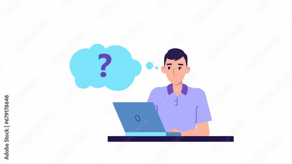 Young man character with laptop animation. male thinking and looking for answer, question mark, confused, puzzled. office worker, manager, clerk character. Question in speech bubble, doubt Young man character with laptop animation. male thinking and looking for answer, question mark, confused, puzzled. office worker, manager, clerk character. Question in speech bubble, doubt