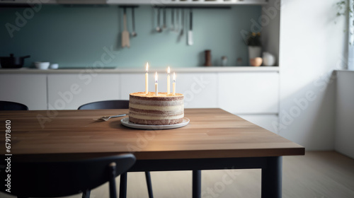 Birthday cake in minimalist Scandinavian authentic room interior with copy space on empty wall. 