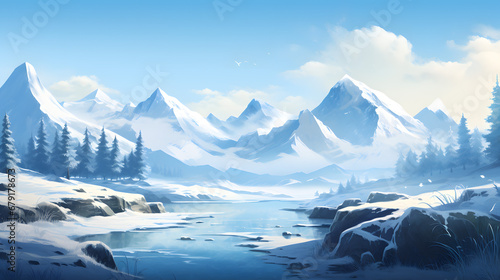 Winter Mountain Landscape Frozen Lake Snow Covered Pines Clear Blue Sky Serenity Scene