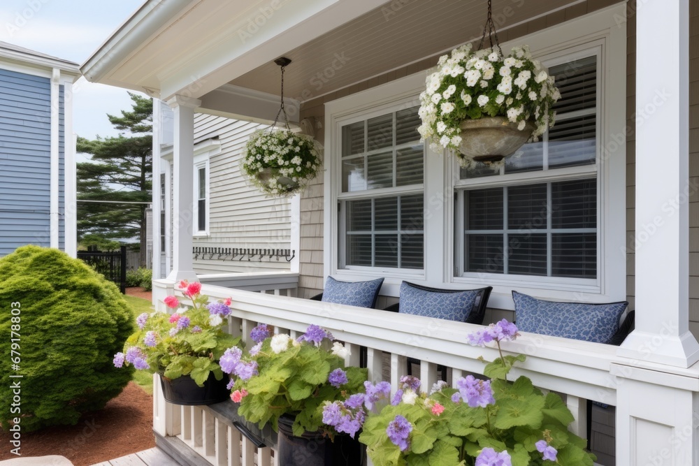 cape cod house porch with window flower boxes
