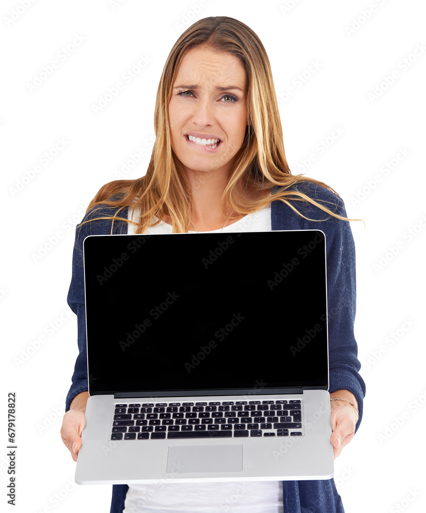 Portrait, blank laptop screen and woman problem, stress and grimace over advertising crisis, info or connection fail. Mockup error, website and nervous girl isolated on transparent, png background Portrait, blank laptop screen and woman problem, stress and grimace over advertising crisis, info or connection fail. Mockup error, website and nervous girl isolated on transparent, png background