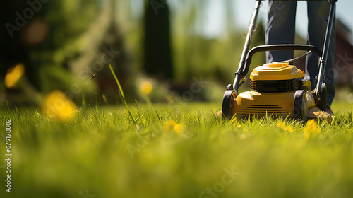 Close-up of a working lawn mower cutting a green lawn. Lawn and garden care, gardener. Mowing garden lawn. photo