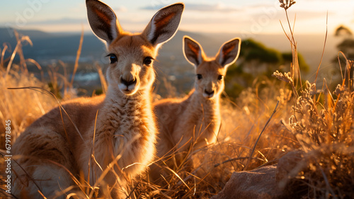 two kangaroo with red eyes at the sunset