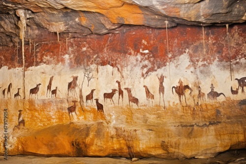 cave paintings and primitive rock art on a cavern wall photo