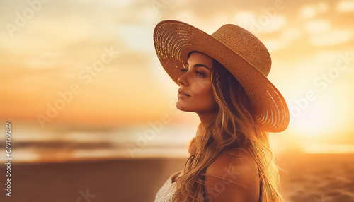 European woman with wind in her hair at sunset on the beach ,spring concept