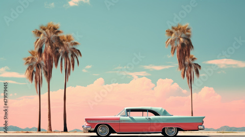 car on the beach with sunset, Miami beach old vintage retro car with ocean palm city urban usa american 1980 vibe