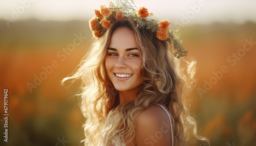 Woman with a wreath on her head in a field at sunset ,spring concept