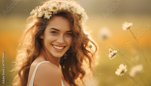 Woman with a wreath on her head in a field at sunset ,spring concept