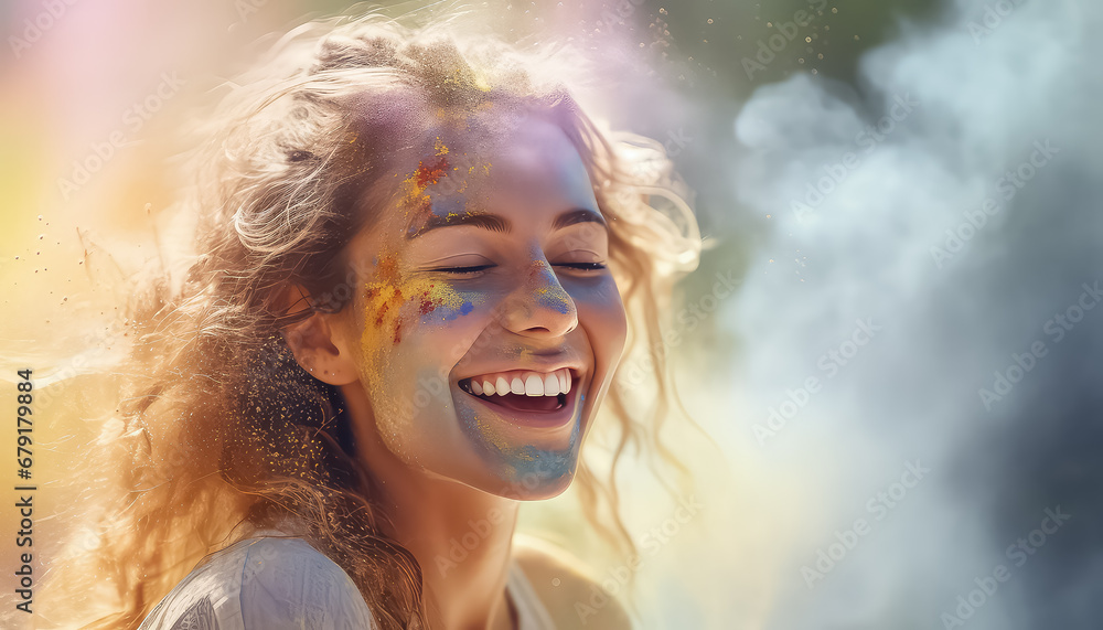 Happy woman with holi colors on her face and in her hair festival of colors ,spring concept