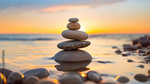stack of zen stones on the beach  sunset and ocean in the background