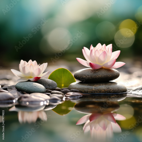 Beautiful lotus flower and stack of stones on water surface