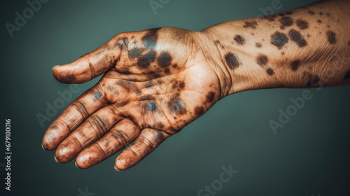 Vitiligo , close-up of age pigment spots on the hand skin of an old human, cosmetic procedure for the removal of vitiligo by laser. Melanoma, a malignant mole on the skin. 